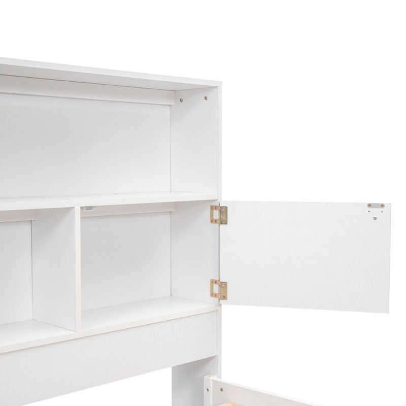 Lit plateforme double avec tête de lit, station de charge et 4 tiroirs, Blanc