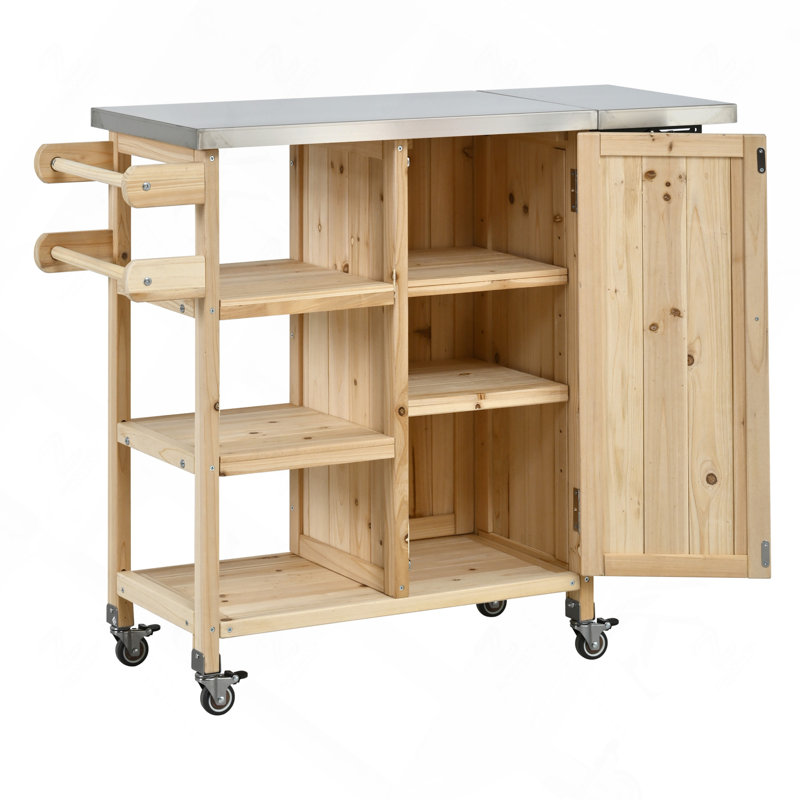 Îlot de cuisine d'extérieur pliable et chariot de préparation mobile avec roulettes verrouillables et armoire, naturel