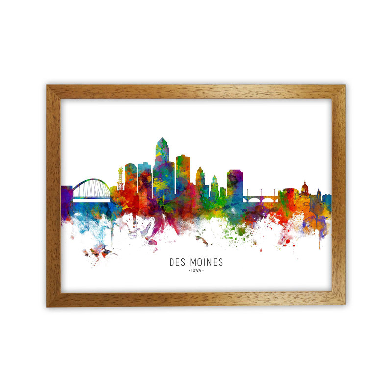Des Moines Iowa Skyline by Michael Tompsett - Print, Brown Framed, 25cm H x 34cm W x 3cm D