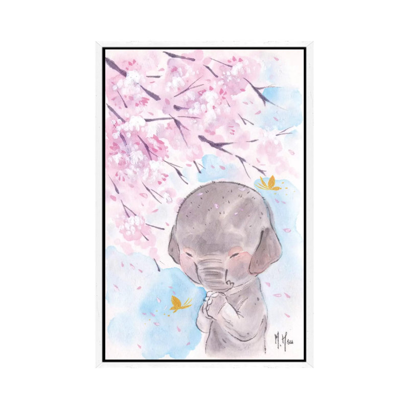 Cherry Blossom Wishes Elephant by Martin Hsu - Print on Canvas, 152.5 cm H x 101.5 cm W, White Framed