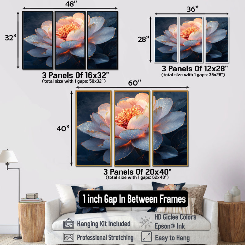 Ensemble de décorations murales pivoines roses et dorées, H 28 po x l 36 po x P 1 po, Toile avec cadre flottant noir