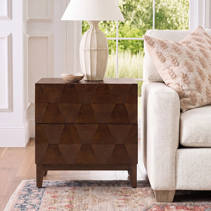 Isabele Midcentury Modern 26''W 2-Drawer End Table with Charging Station and Solid Wood Legs, Walnut
