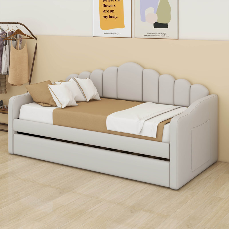 Twin Size Upholstered Daybed With Trundle,Velvet Sofabed With USB & Type-C Charging Ports, Side Storage Bag, No Box-Spring Needed
