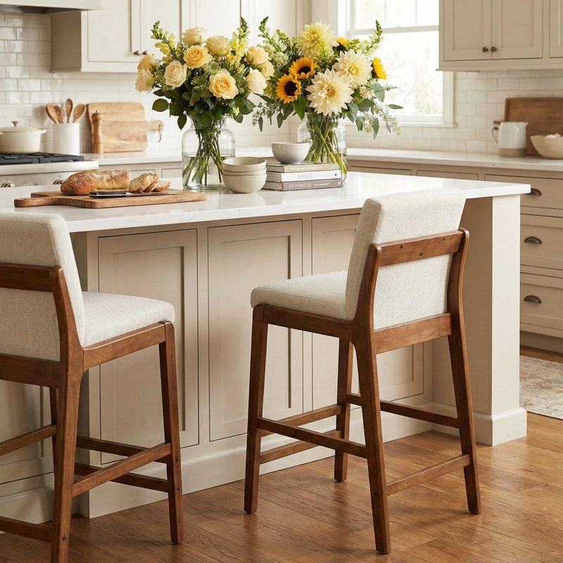 Tabouret de bar rembourré Ryden, Siège beige / structure noyer foncé, 4