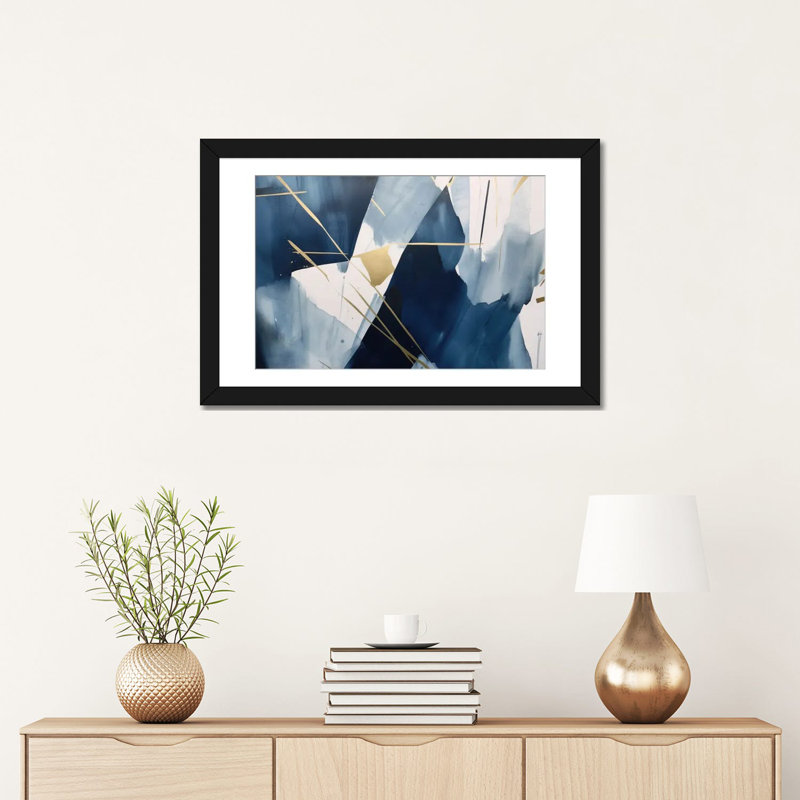 Dark Blue Abstraction III, White, 16" H x 24" W x 1" D, Black Open Corner Framed Paper