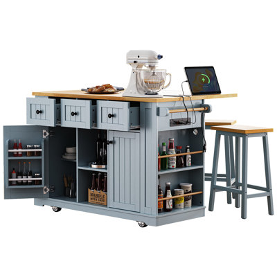 53Inch Large Kitchen Island With 2 Bar Stools, Power Outlet,Door Internal Storage Rack,Kitchen Storage Cart On 5 Wheels With Drop Leaf,5 Open Side Racks,3 Drawers For Kitchen,Dining Room