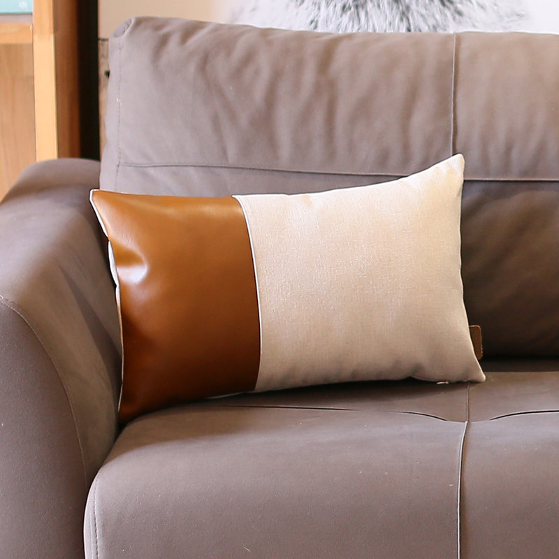 Bohemian Faux Leather Reversible Throw Pillow, Brown/Ivory