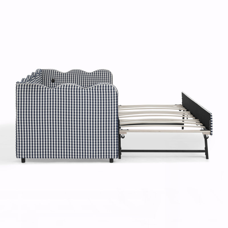 Daybed with Trundle Twin Size Sofa Bed No Box Spring Needed, with USB Port and Adorable Wave Shaped, Linen Fabric, Navy