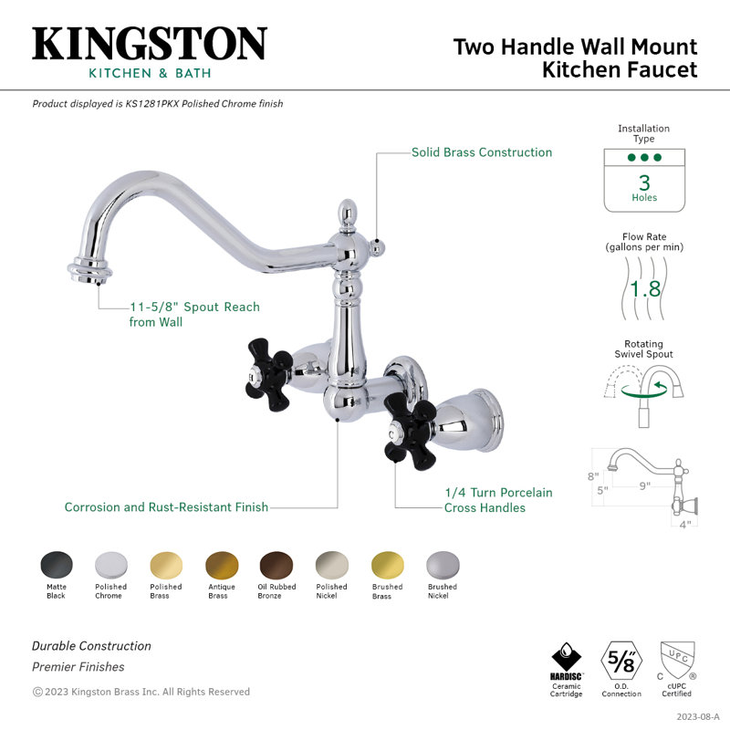Kingston Brass Duchess Double-Handle 3-Hole Wall-Mount Kitchen Faucet, Polished Brass