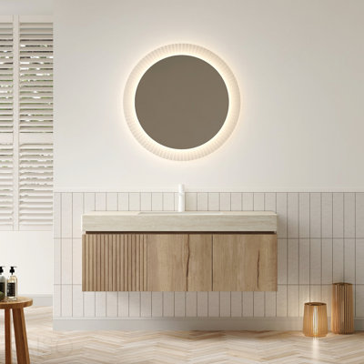 Meuble-lavabo 48 po, meuble-lavabo flottant en contreplaqué avec tiroir et portes, comptoir en pierre frittée et lavabo en céramique avec 1 trou de robinet pré-percé, pré-assemblé, grain de bois de chêne blanc Roma