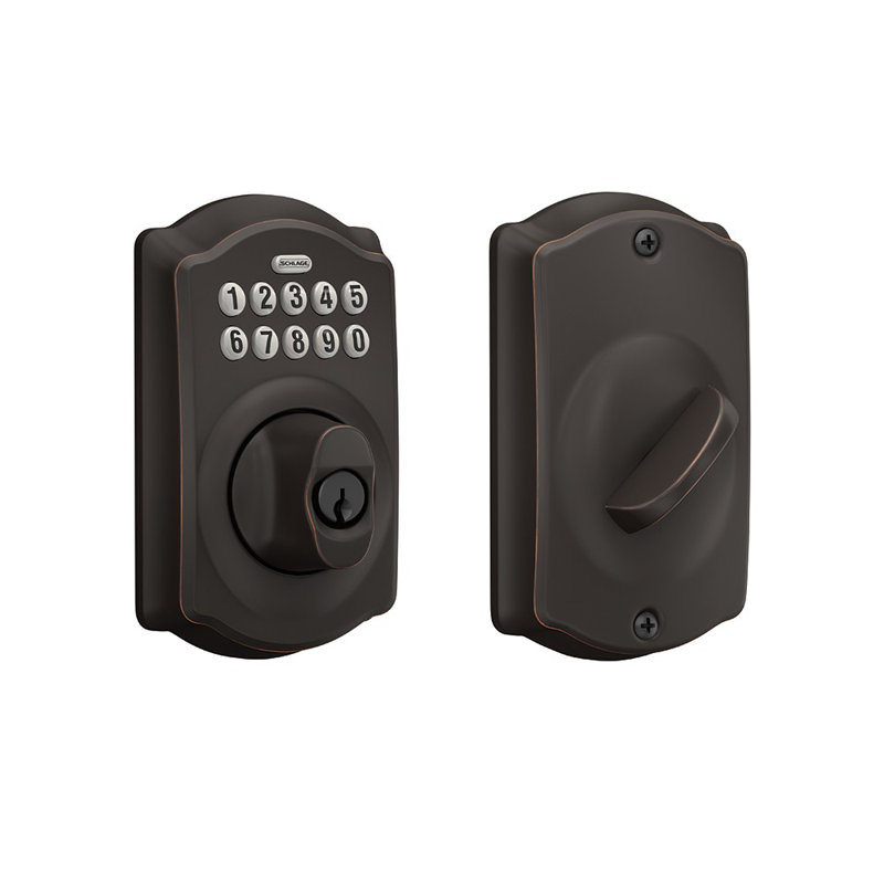 Schlage Keypad Deadbolt with Camelot Trim, Aged Bronze, Yes
