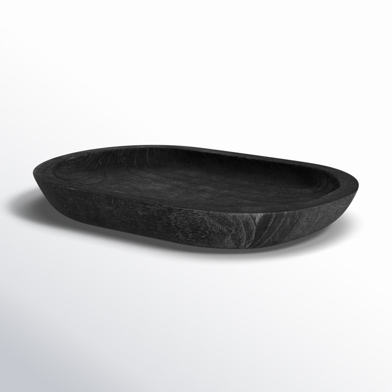 Bol en bois de paulownia sculpté à la main, Noir, 2"H x 14.5"W x 10.25"D