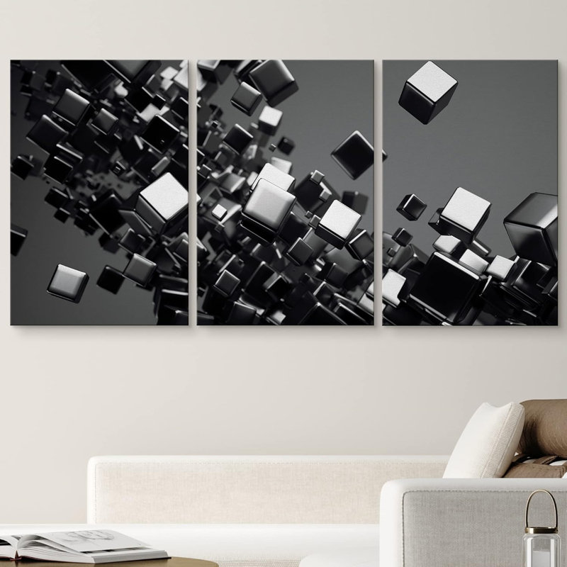 Industrial Machinery Glam Black Cubes Abstract Background Modern Neutral Gray Contemprory Wall Decor, Wrapped Canvas