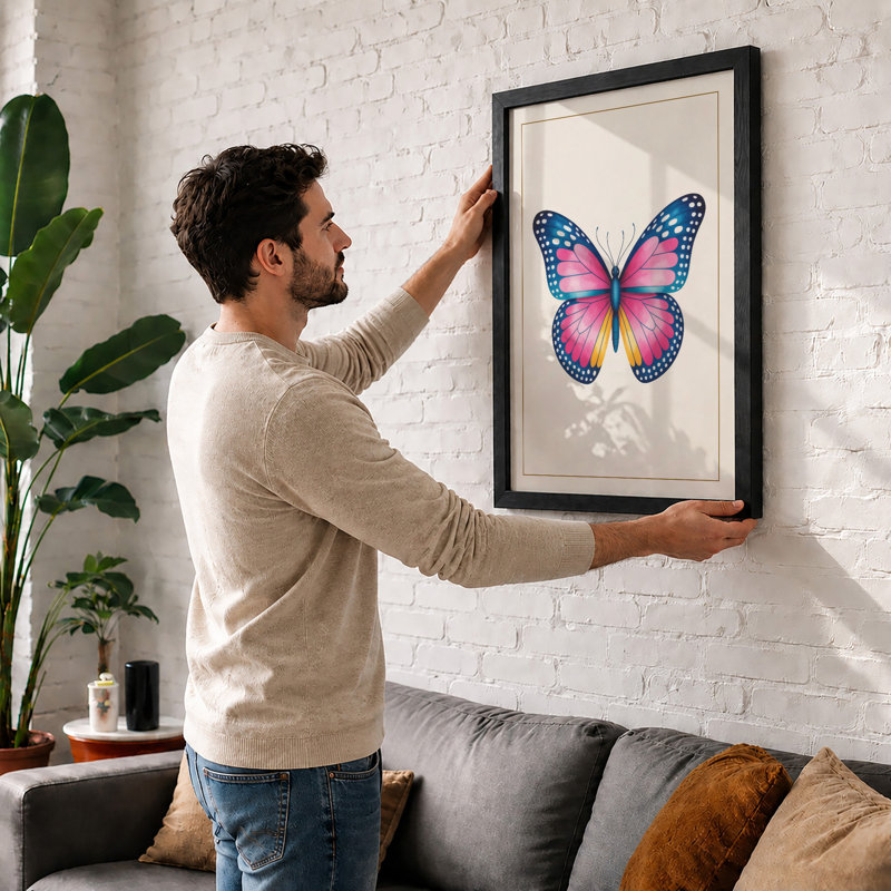 Symmetrical Butterfly Botanical - Framed Print, A2 - 59.4 x 42.0 cm, White