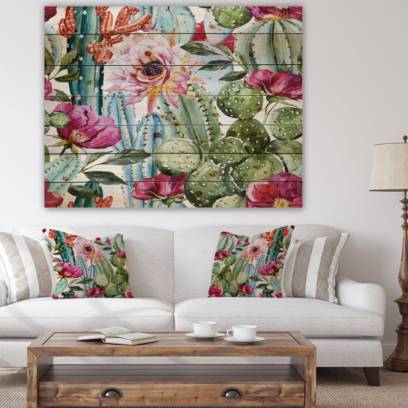Motif de cactus - aquarelle, H 36 po x l 46 po x P 0,78 po, Bois