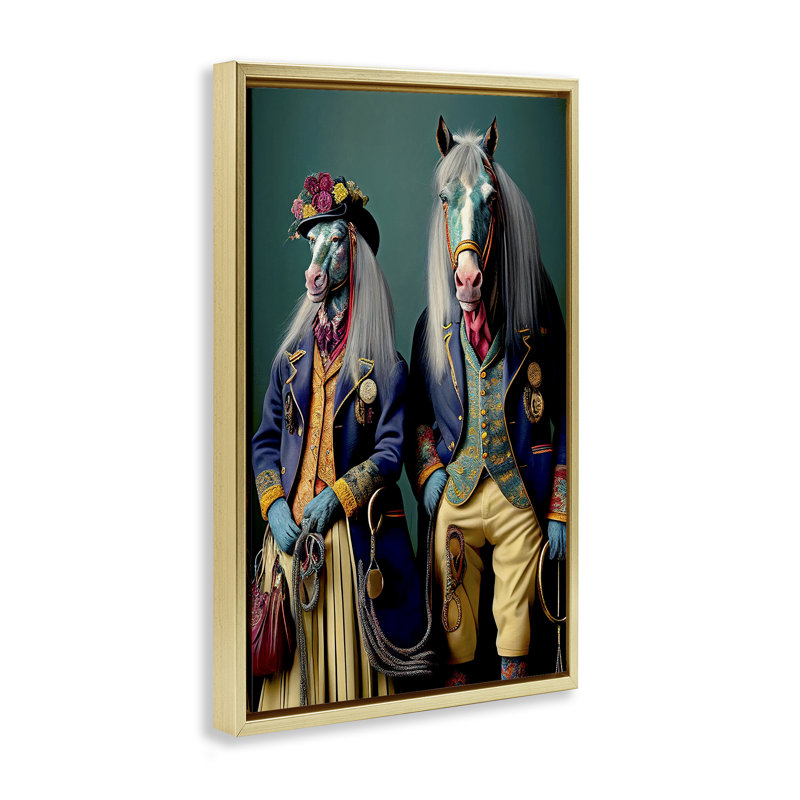 «Old Fashioned Horses», toile flottante encadrée grise par Sasha, Cadre flottant métallique doré, H 25 po x l 17 po