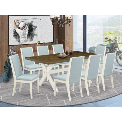 9 Piece Kitchen Table & Chairs Set Includes a Rectangle Dining Room Table and 8 Baby Blue Linen Fabric Upholstered Chairs, Wire Brushed Linen White 