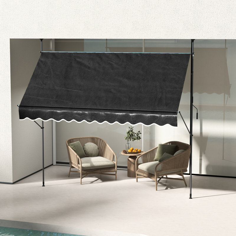 118" Deck Awning With Adjustable Legs And Protected Cover, For Porch, Window, Door, Black Retractable Sun Shade Awning, Protection Legs,