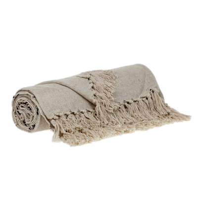 Classic Beige Woven Handloom Throw Blanket With Tassels