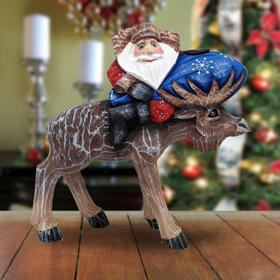 Masterpiece Woodcarved Moose Traveler Santa Figurine
