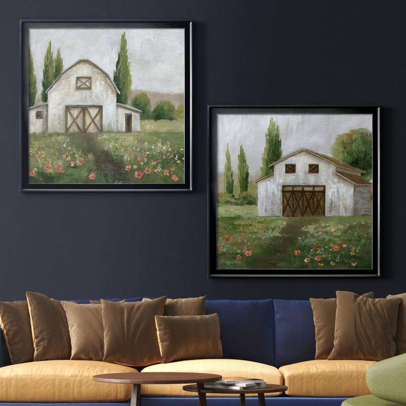 Country Barn I - ensemble de 2 reproductions d'art, H 17,5 po x l 35 po x P 1,5 po, Toile avec cadre noir, Pas de tapis