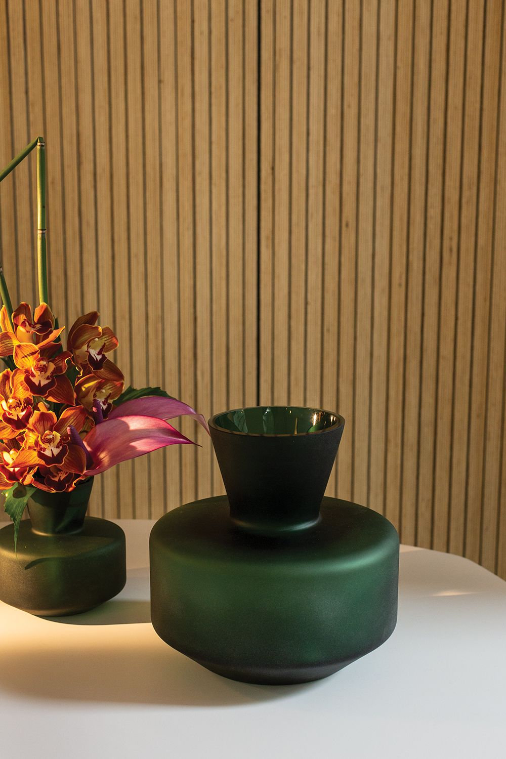 Green Glass Table Vase, 10" H x 10" W x 5.5" D