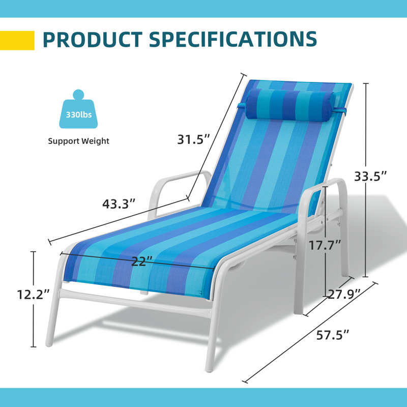 Chaise longue de patio avec appui-tête et dossier inclinable réglable, Bleu / blanc