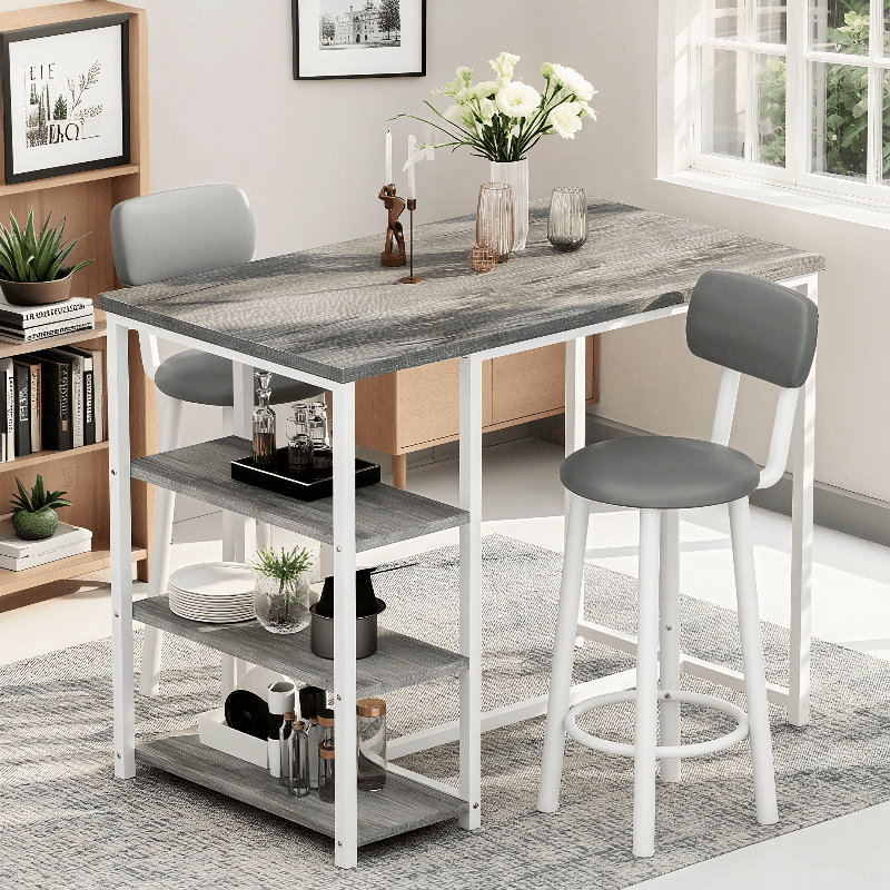Kitchen Dining Table Set For 2,  Bar Table And Chairs Set With 3 Storage Shelves, Counter Height Pub Table With 2 PU Leather Upholstered Backrest Bar Stools For Small Space, Kitchen Island, Dining Room, Bar