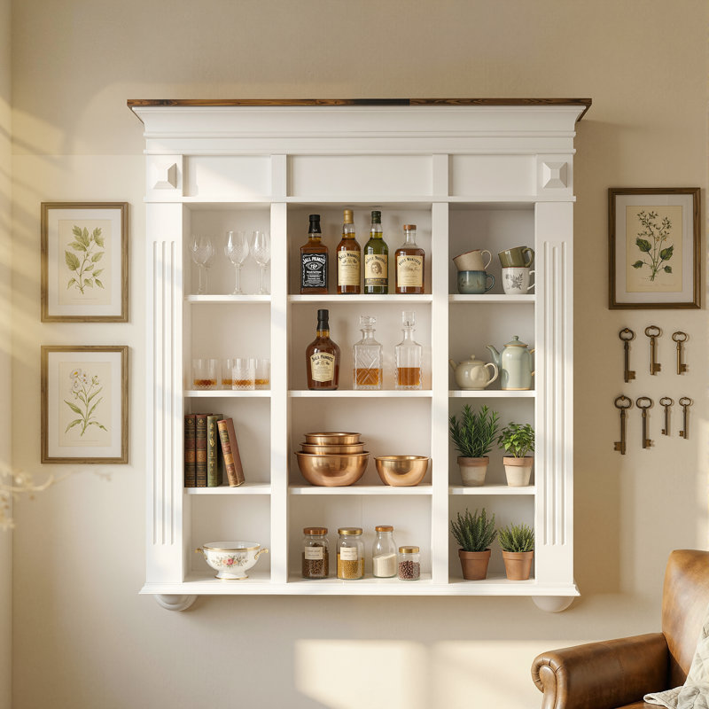 Grande vitrine murale 48,8 po avec 12 compartiments - blanc et plateau en bois, pour la verrerie et les objets de collection