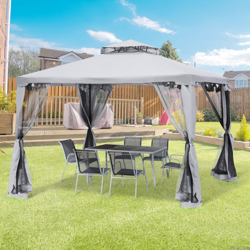 Patio Gazebo, Outdoor Canopy Shelter With 2-Tier Roof And Netting, Steel Frame, Gray, Black, 8.7" H x 9.6" W x 9.6" D