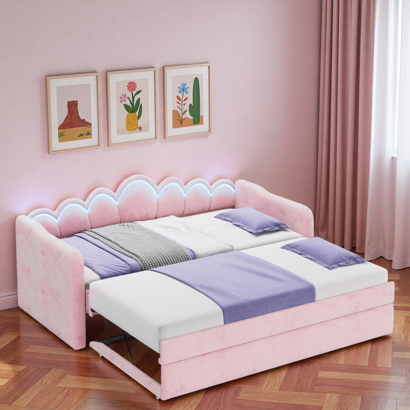 Upholstery Daybed With Led Light, Trundle And Cloud Backrest, Pink