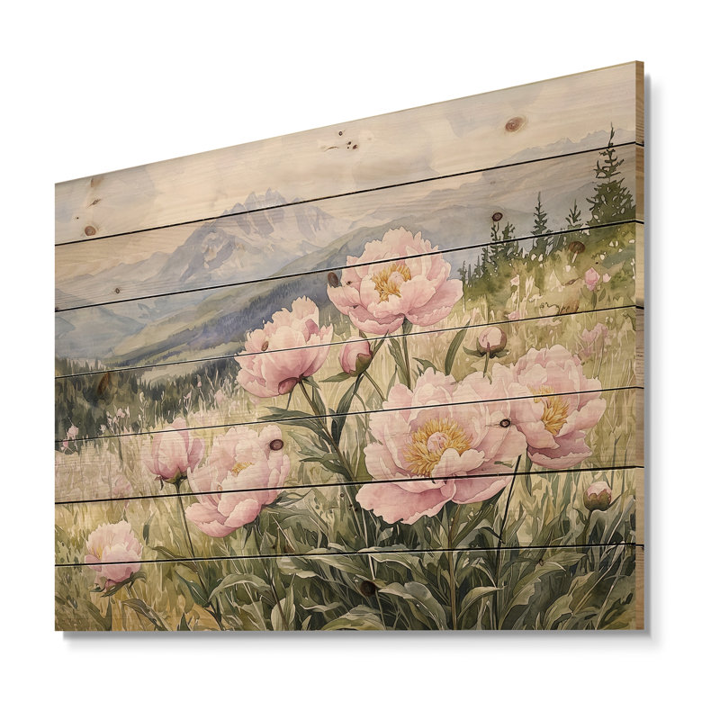 Pivoines dans la prairie alpine I - Décoration murale en bois de pivoines - sur bois de pin naturel, H 10 po x l 20 po