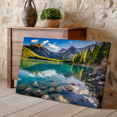 Toile, scène de lac serein montagneux capturée à midi avec art mural en cristal, eau turquoise transparente reflétant la vibrante