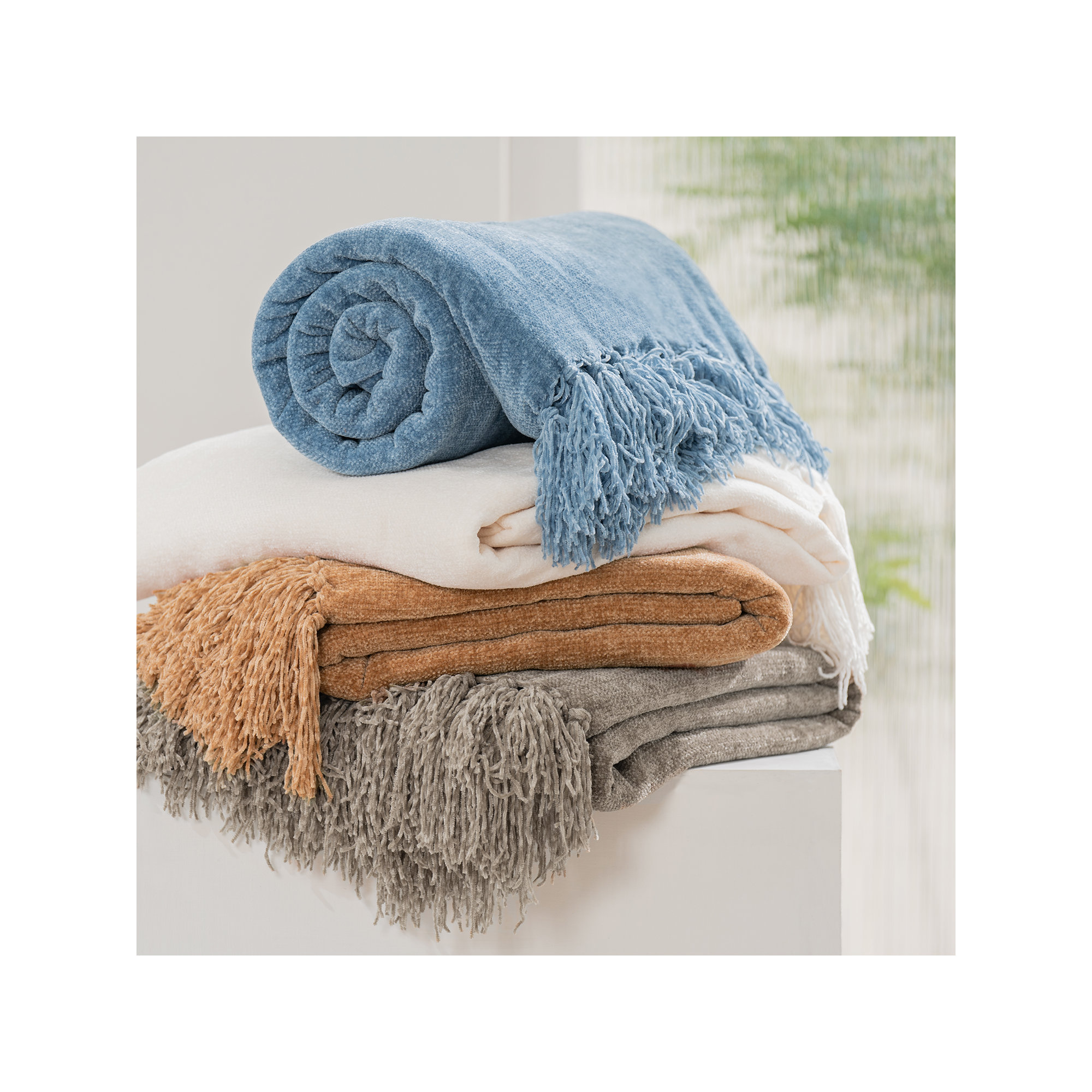Soft Chenille Throw Blanket, Ivory White, 60" L x 50" W