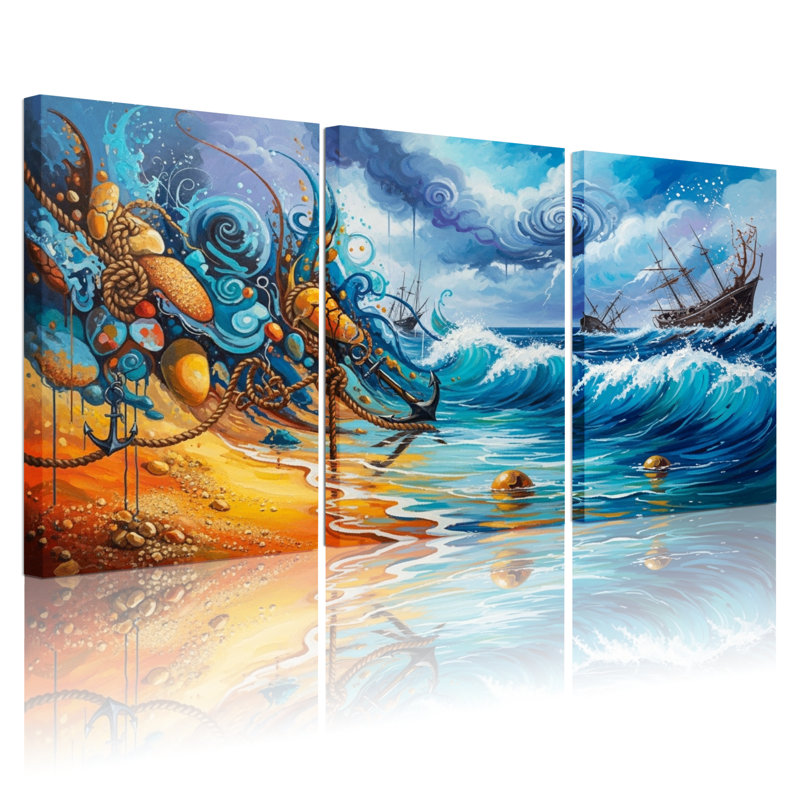 Nautique et plage, océan, vagues, bateau, pieuvre, plage, ciel, eau, réflexion, ensemble de 3 impressions sur toile