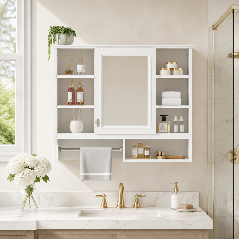 Armoire de rangement murale 2 en 1 avec tablettes latérales, rangement dissimulé et porte-serviettes