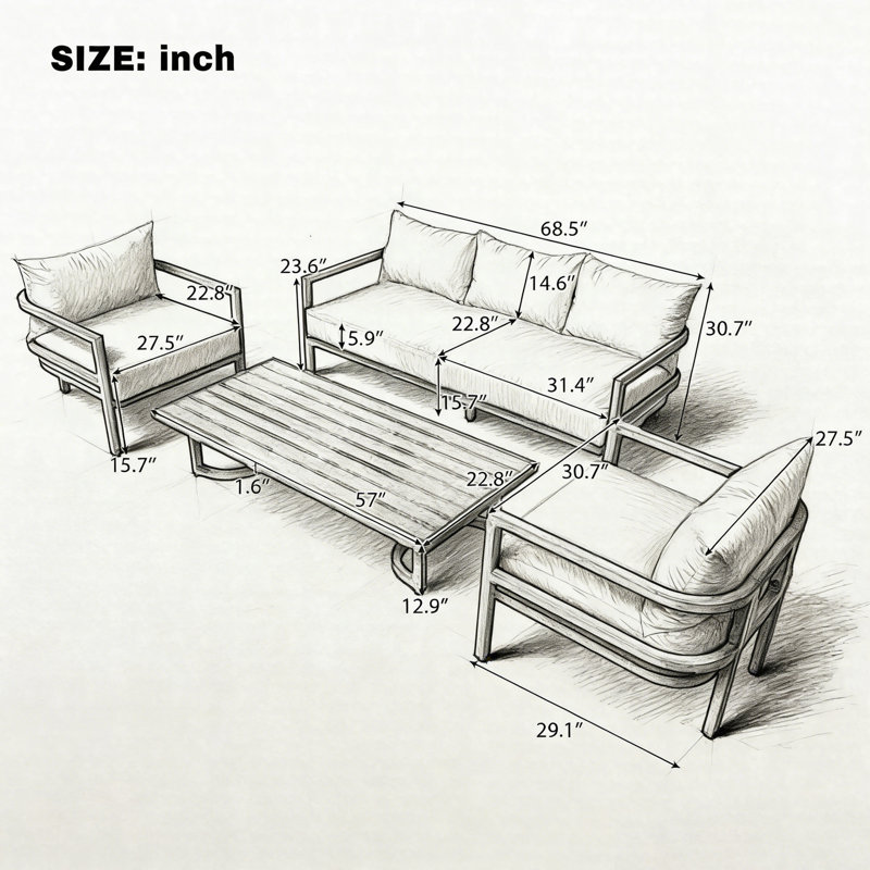 Ensemble de canapé d'extérieur multi-personnes en acier avec table basse - Coussins de patio imperméables, résistants aux rayons UV et antirouille