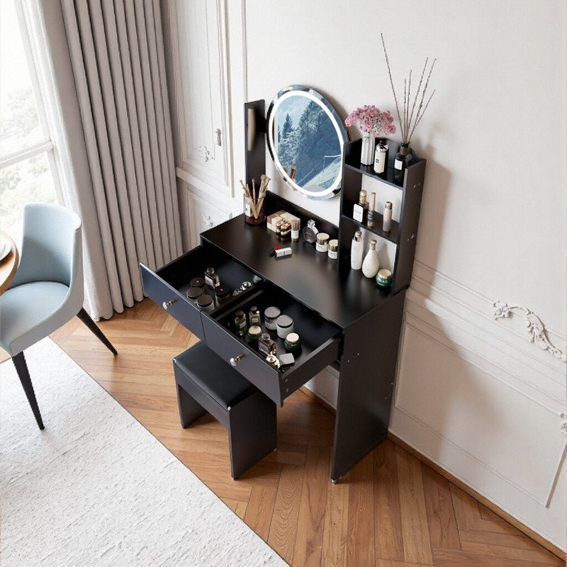 Ensemble de meuble-lavabo à miroir rond 31,5 "avec éclairage réglable, coiffeuse compacte et tabouret pour petits espaces