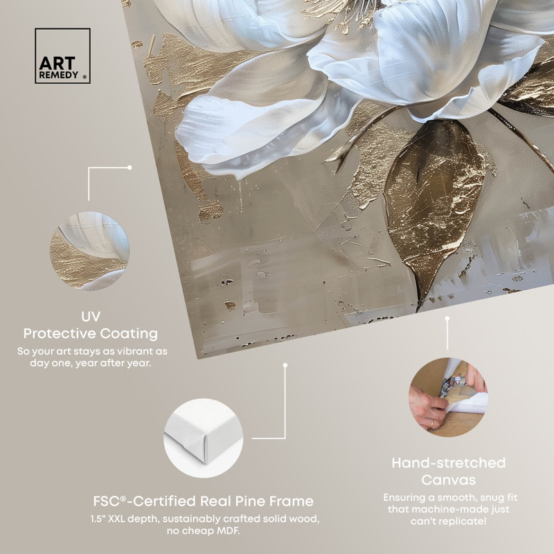 Athenas Flower Gallery Wrapped Canvas Wall Art in White and Gold