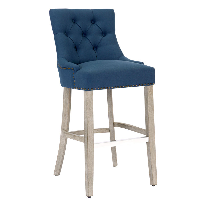 Linen Fabric Tufted Upholstered Counter Stool, Teal Linen/Antique Gray Frame, Bar Stool (29” Seat Height)