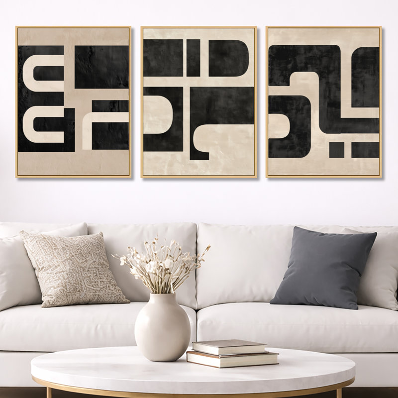 Compositions minimalistes et abstraites dans des tons de nature II - ensemble d'art mural abstrait noir Mid-Century de 3