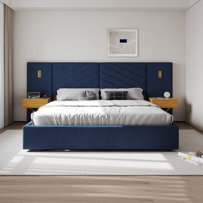 Upholstered Platform Bed With Wingback Headboard, Built-in Nightstands, And Led Lighting