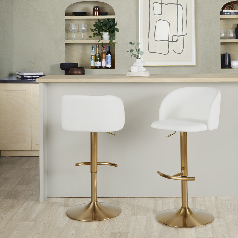 Tabourets de bar réglables Terrance avec repose-pieds arrondi en T, Or, Blanc