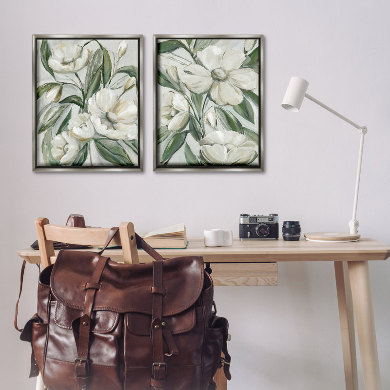  Ensemble de 2 toiles flottantes encadrées "White Blossoms & Leaves" par Hannah Dawson, Cadre flottant gris lustré