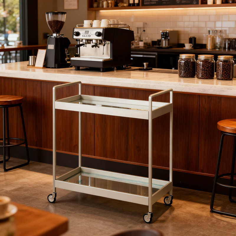 33-Inch Wide Rectangular Bar Cart With Satin Nickel Finish And Clear Glass Shelves, Durable Steel Frame With 40 Lbs Capacity
