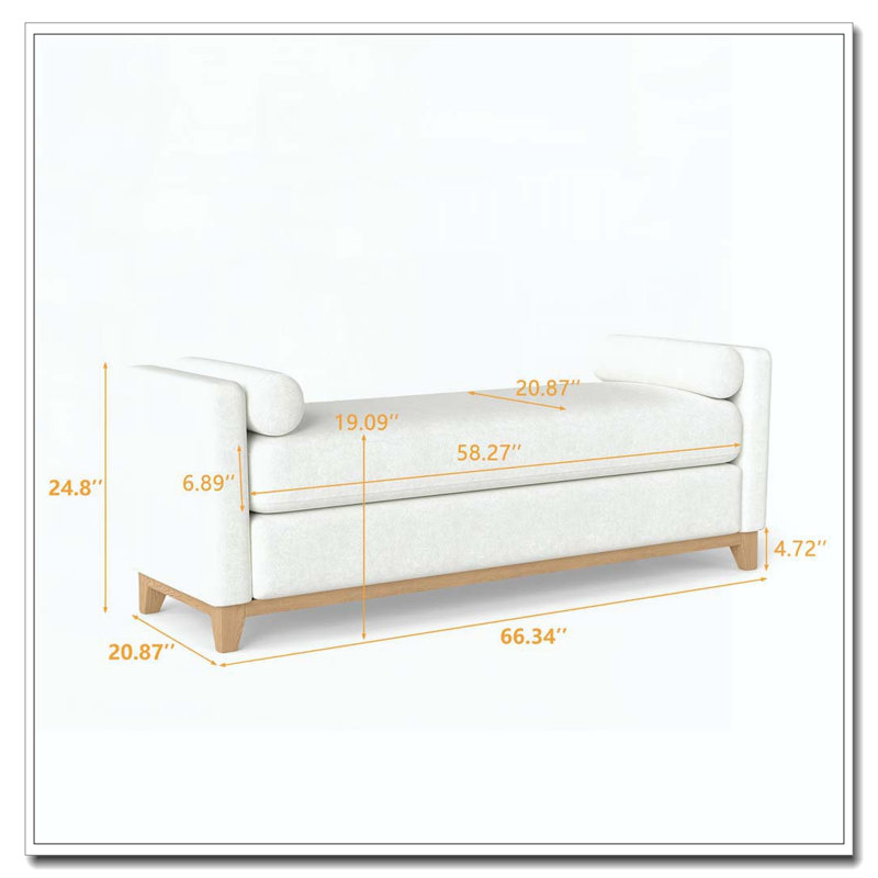 Solid Wood Upholstered Bench, Beige+Natural, 66.34 inch