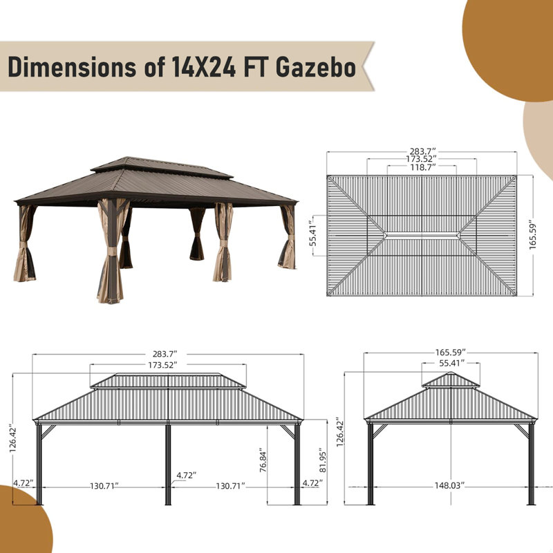 14ft Hardtop Gazebo, Outdoor Gazebo With Galvanized Steel Double Roof, Aluminum Frame, Built-In Gutter System, Curtain And Netting, Metal Gazebo Pavilion