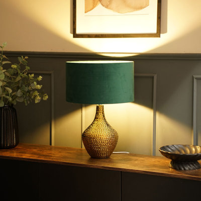 Deshi Metallic Gold Ceramic Table Lamp with Blush Velvet Reni Shade and 6W GLS Warm White Bulb