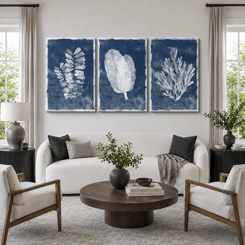 «Minimal Botanical», feuilles de la jungle bleue, art nautique corail, impression sur toile, 3 pièces, H 36 po x l 72 po