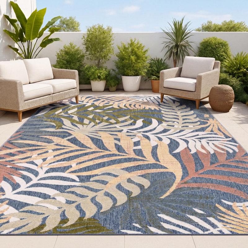 Tropics Palm Leaves Indoor/Outdoor Rug, Rectangle 4' x 6', Dark Blue/Multi